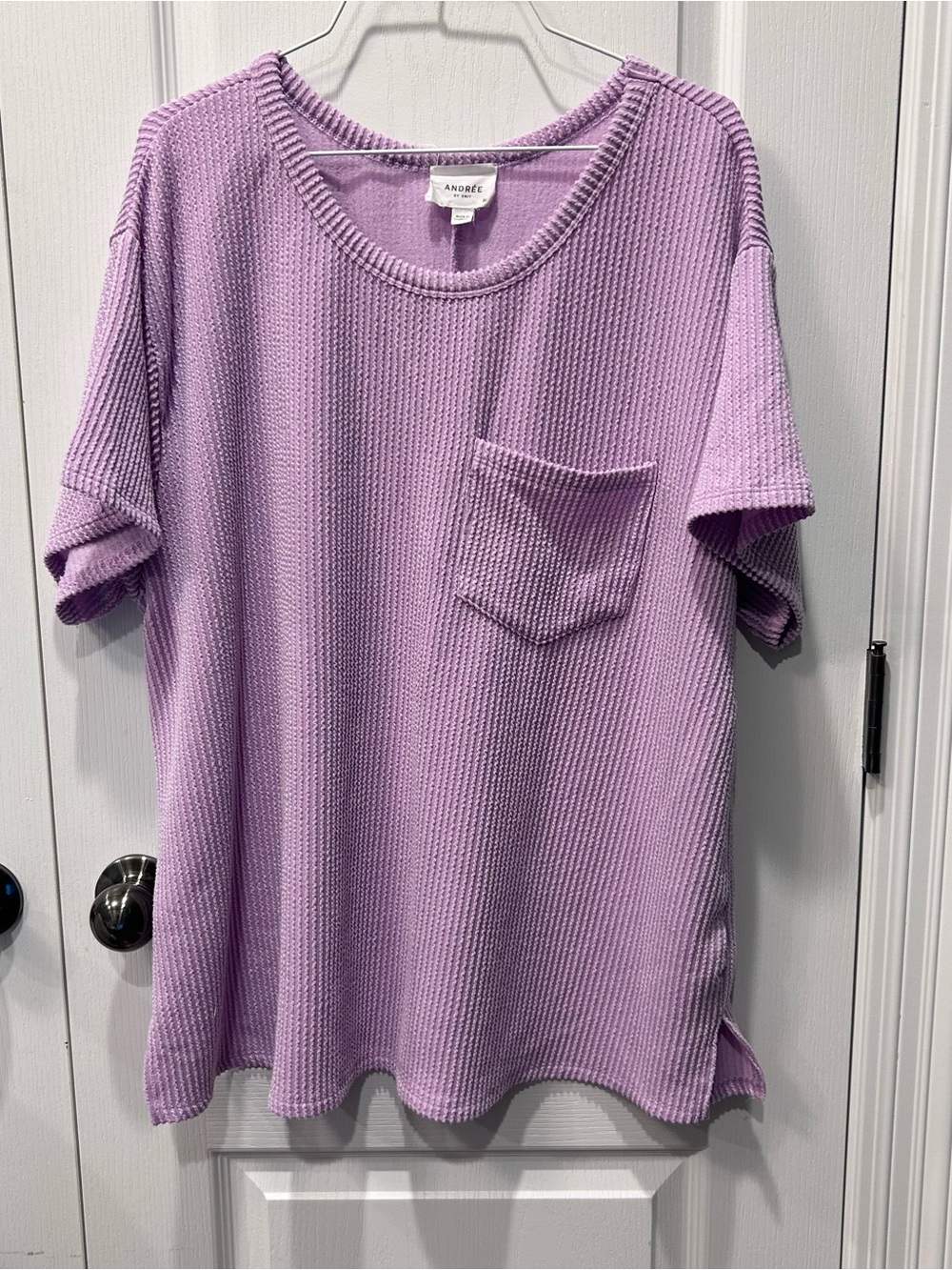 Andree by Unit Women's Lilac Ribbed Front Pocket Short Sleeve Size 1X Top